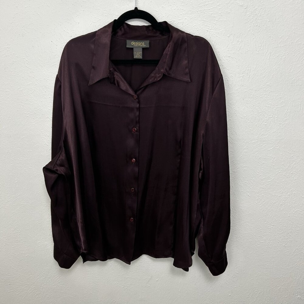 Designs Lane Bryant Plum Purple Satin Button Down Blouse Sz 22/24 Holiday Career